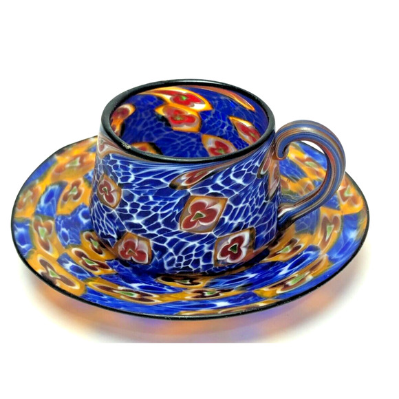 Vintage Italian Venetian Blown Glass Millefiori Demitasse Cup & Saucer Blue Gold - Picture 1 of 7